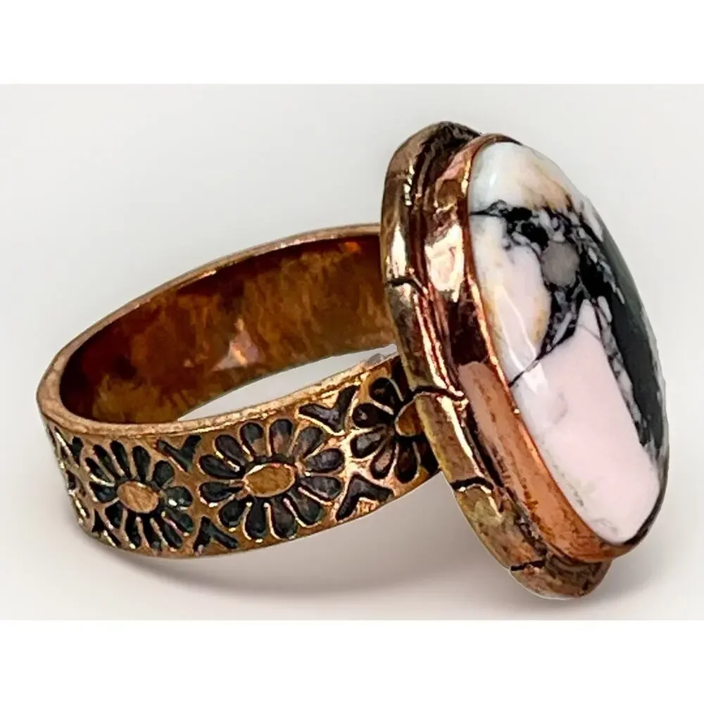 White Buffalo Turquoise Southwestern Copper Cigar Band Adjust Ring Hand Stamped